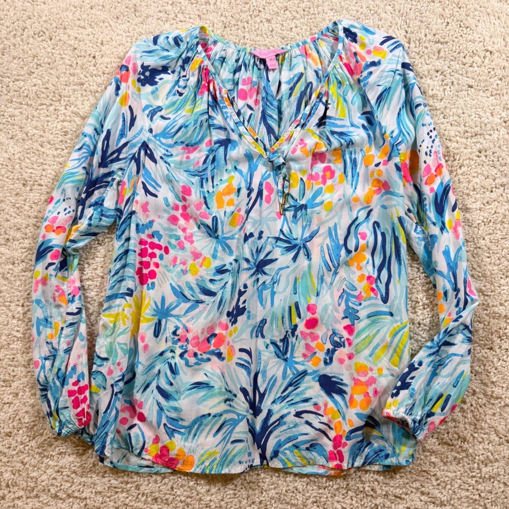 Lilly Pulitzer Elsa Floral Blouse Top M Blue Pink Tropical Vacay Summer Resort
